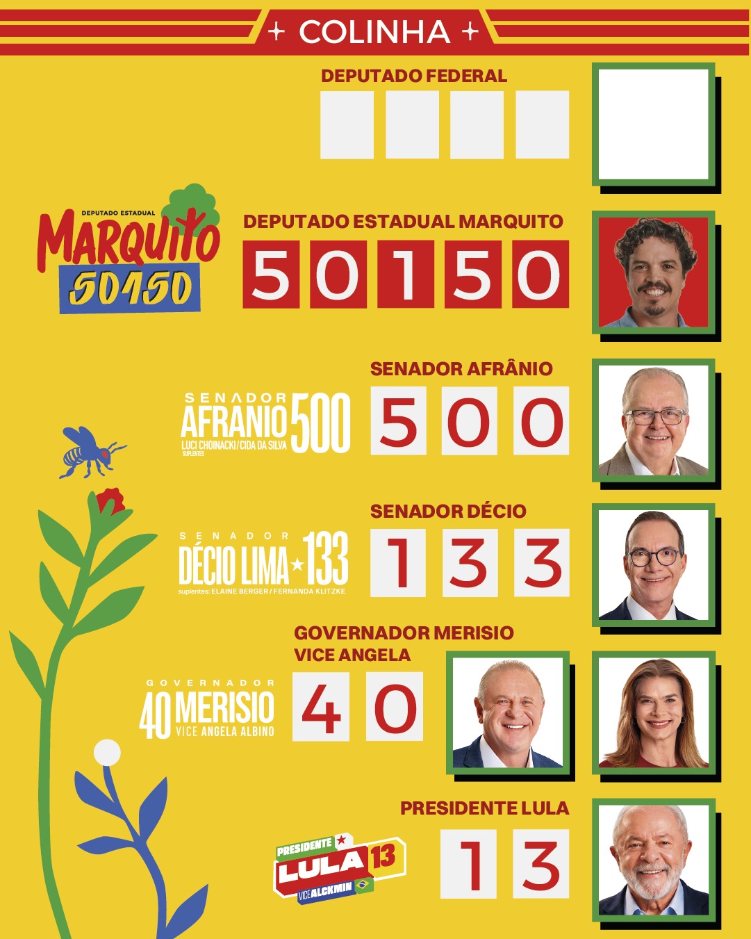Colinha Marquito 50150 com os números para deputado estadual, senador, governador e presidente